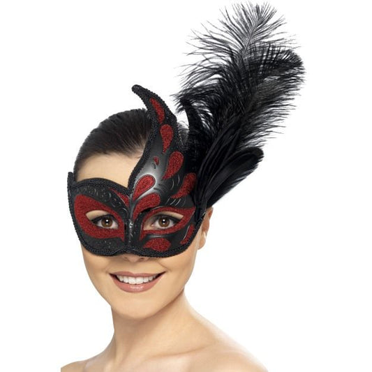 Maschera Colombina nera e rossa con piuma di Smiffys - tuttocostumi.it