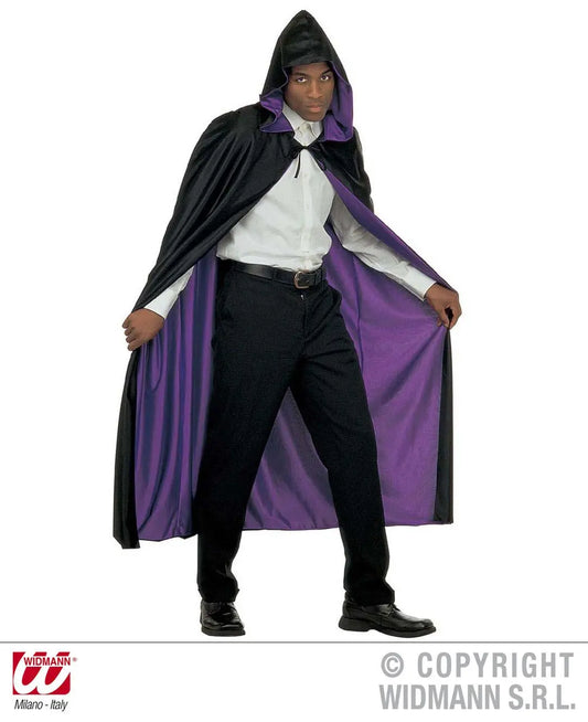 Mantello REVERSIBILE NERO/VIOLA con cappuccio 140 cm - tuttocostumi.it