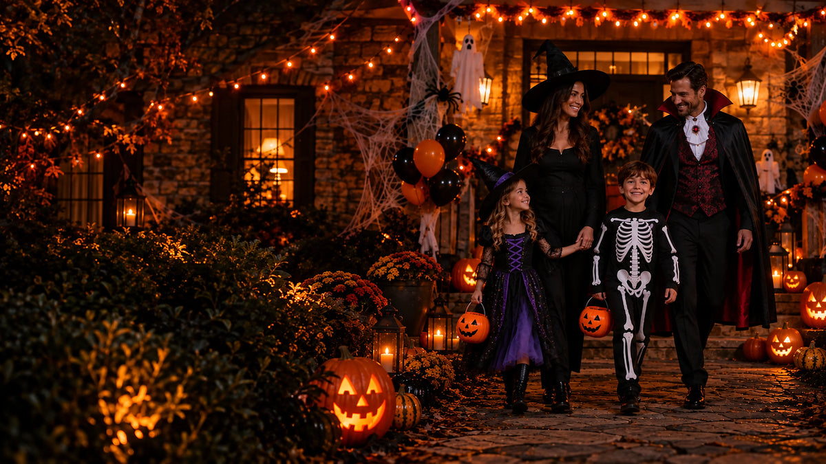 Halloween 2026: famiglia in costume davanti a una casa decorata